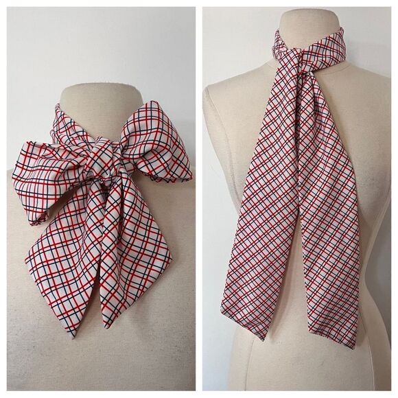 True Vintage 1960s / 1970s Red Plaid Check Ascot Pussybow Scarf - Picture 1 of 3